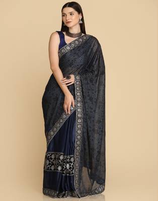 Royal Blue Zari Work Party Wear Crepe Sarees 1