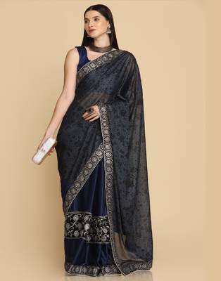 Royal Blue Zari Work Party Wear Crepe Sarees 3