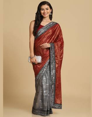 Dark Red Zari Woven Party Wear Crepe Sarees 1