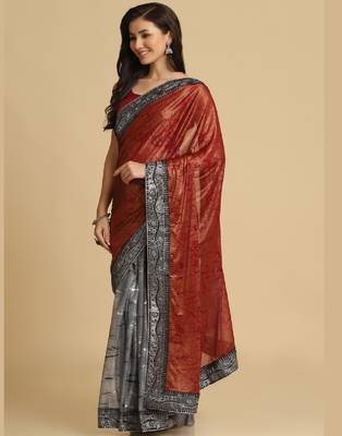 Dark Red Zari Woven Party Wear Crepe Sarees 3