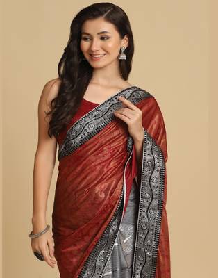Dark Red Zari Woven Party Wear Crepe Sarees 4