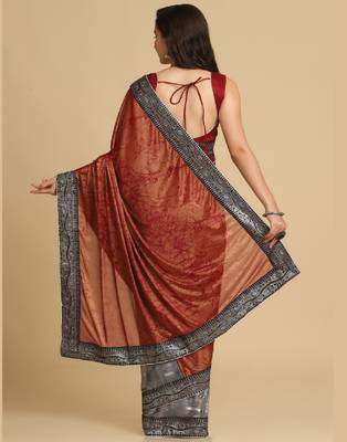 Dark Red Zari Woven Party Wear Crepe Sarees 5
