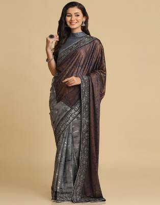 Dark Grey Zari Woven Party Wear Crepe Sarees 1