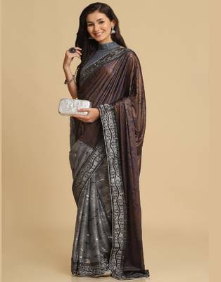 Dark Grey Zari Woven Party Wear Crepe Sarees 2