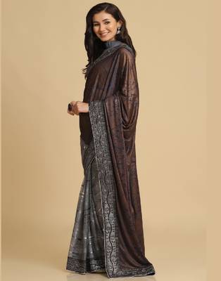 Dark Grey Zari Woven Party Wear Crepe Sarees 3