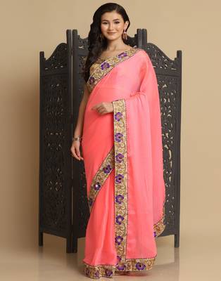 Baby Pink Resham Embroidery Organza Sarees 1