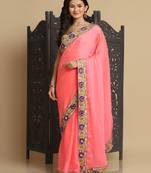 Baby Pink Resham Embroidery Organza Sarees