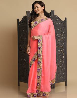 Baby Pink Resham Embroidery Organza Sarees 2