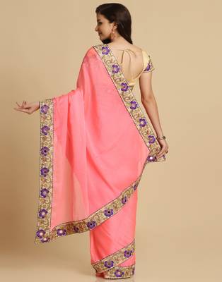 Baby Pink Resham Embroidery Organza Sarees 5