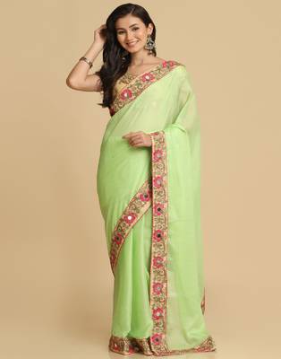 Lime Resham Embroidery Organza Sarees 1