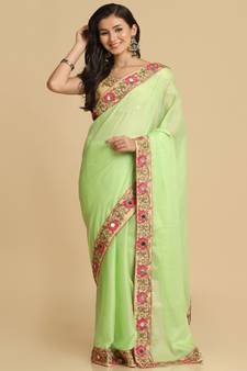 Lime Resham Embroidery Organza Sarees