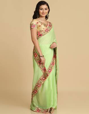 Lime Resham Embroidery Organza Sarees 3