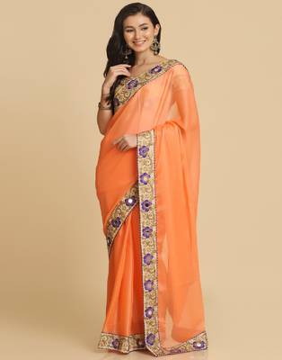 Light Orange Resham Embroidery Organza Sarees 1