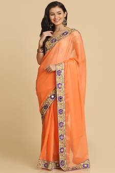 Light Orange Resham Embroidery Organza Sarees