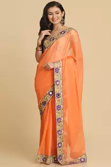 Light Orange Resham Embroidery Organza Sarees