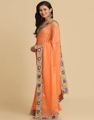 Light Orange Resham Embroidery Organza Sarees 2