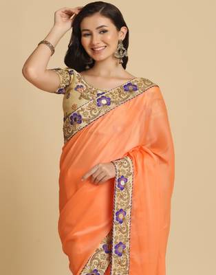 Light Orange Resham Embroidery Organza Sarees 3