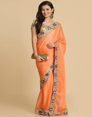 Light Orange Resham Embroidery Organza Sarees 4