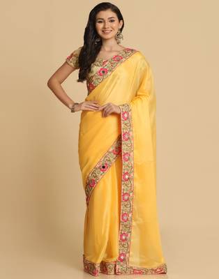Light Yellow Resham Embroidery Organza Sarees 1