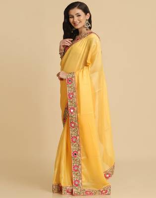 Light Yellow Resham Embroidery Organza Sarees 2