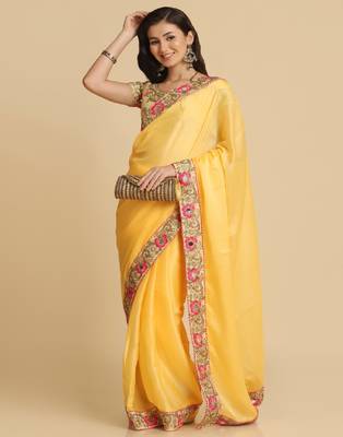 Light Yellow Resham Embroidery Organza Sarees 4