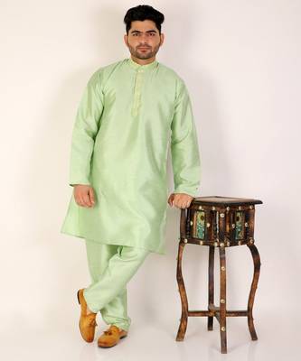Green Printed Silk Kurta Churidar Pajama Set For Mens 1