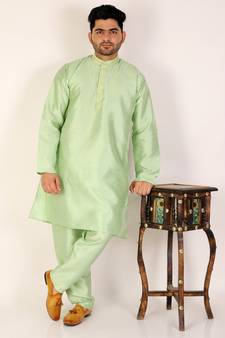 Green Printed Silk Kurta Churidar Pajama Set For Mens