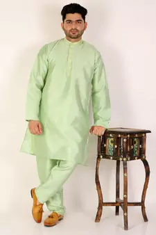 Green Printed Silk Kurta Churidar Pajama Set For Mens