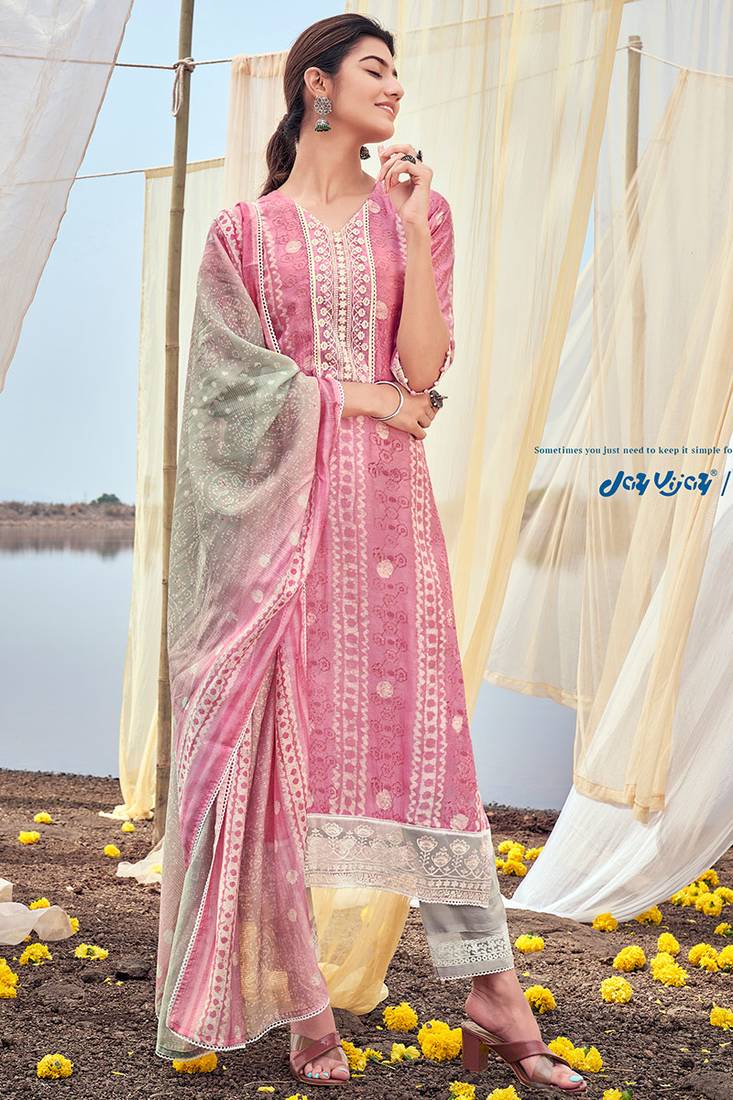 Girly Pink pure muga silk batik printed embroidered salwar suit