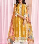 Graceful pure muga silk orange batik printed salwar suit set