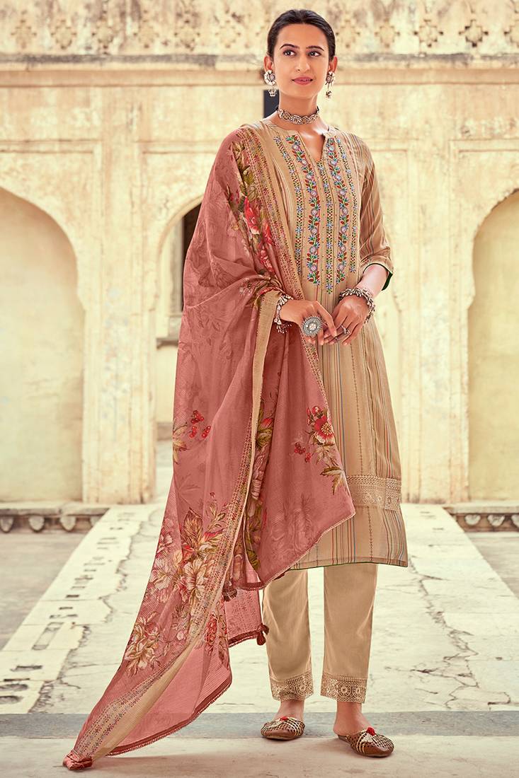 Magnificent pure muga silk beige printed salwar suit Jay Vijay