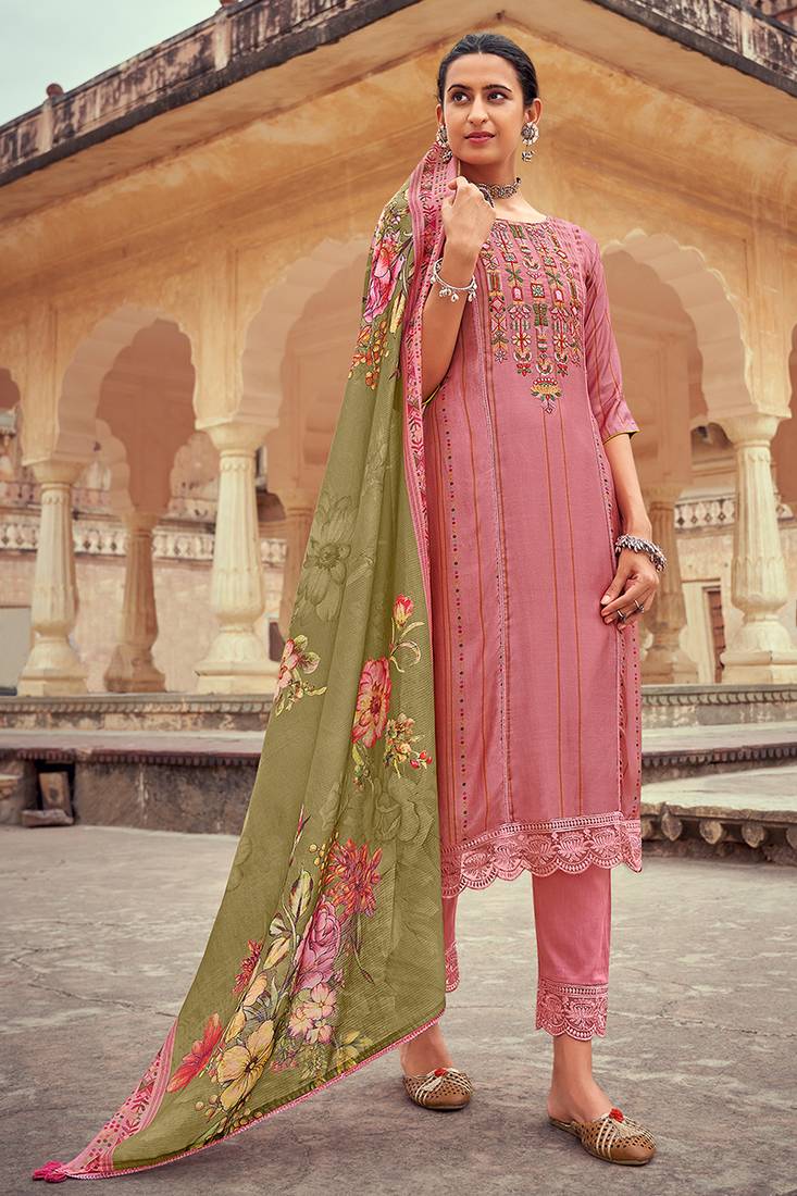 Outstanding pure muga silk pink printed salwar suit Jay Vijay