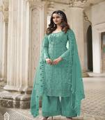 Sky Blue Color Designer Fancy Net Fabric Salwar Suit In Net Fabric With Embroidery As Semi Stitched