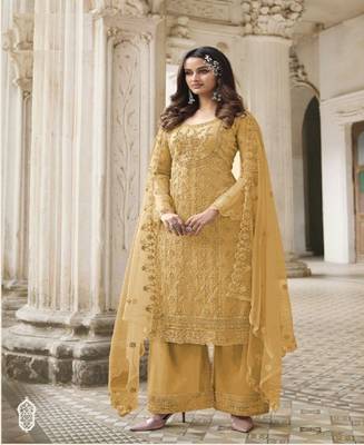 Yellow Color Designer Fancy Net Fabric Salwar Suit In Net Fabric With Embroidery As Semi Stitched 1