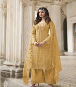 Yellow Color Designer Fancy Net Fabric Salwar Suit In Net Fabric With Embroidery As Semi Stitched