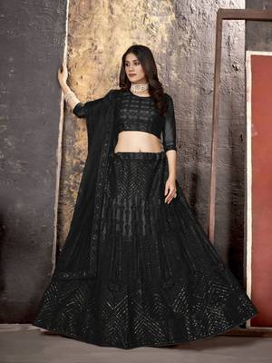 Black embroidered net semi stitched lehenga 1