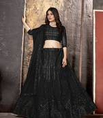 Black embroidered net semi stitched lehenga