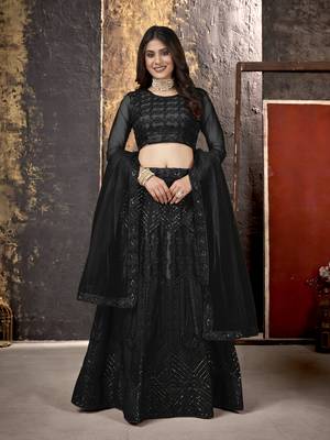 Black embroidered net semi stitched lehenga 3