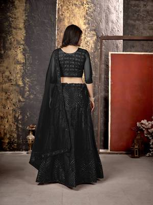 Black embroidered net semi stitched lehenga 5