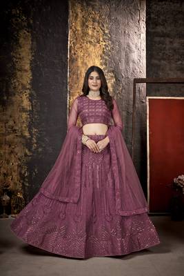 Mauve embroidered net semi stitched lehenga 1