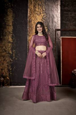 Mauve embroidered net semi stitched lehenga 3