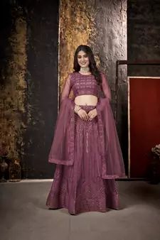 Mauve embroidered net semi stitched lehenga