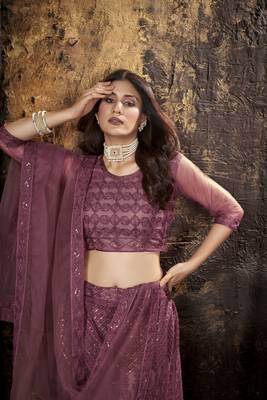 Mauve embroidered net semi stitched lehenga 5