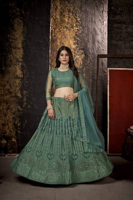Green embroidered net  lehenga 1