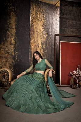 Green embroidered net  lehenga 3