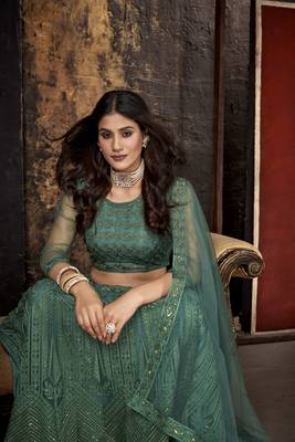 Green embroidered net  lehenga 4