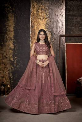 Light-wine embroidered net semi stitched lehenga 1
