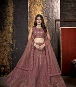 Light-wine embroidered net semi stitched lehenga