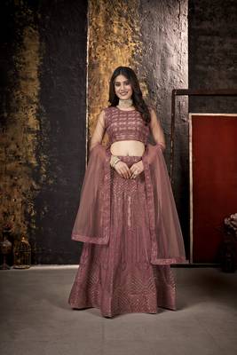 Light-wine embroidered net semi stitched lehenga 3