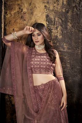 Light-wine embroidered net semi stitched lehenga 5